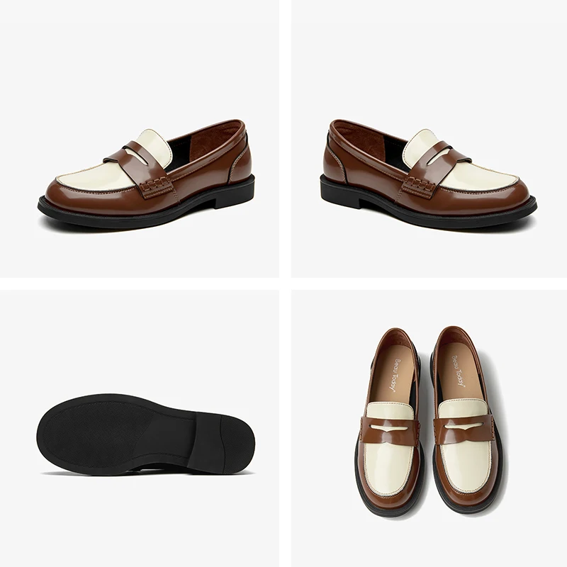 BEAUTODAY Penny Loafers Women Genuine Cow Leather Patchwork Round Toe Slip-on Classical Ladies Flat Shoes Handmade 27658
