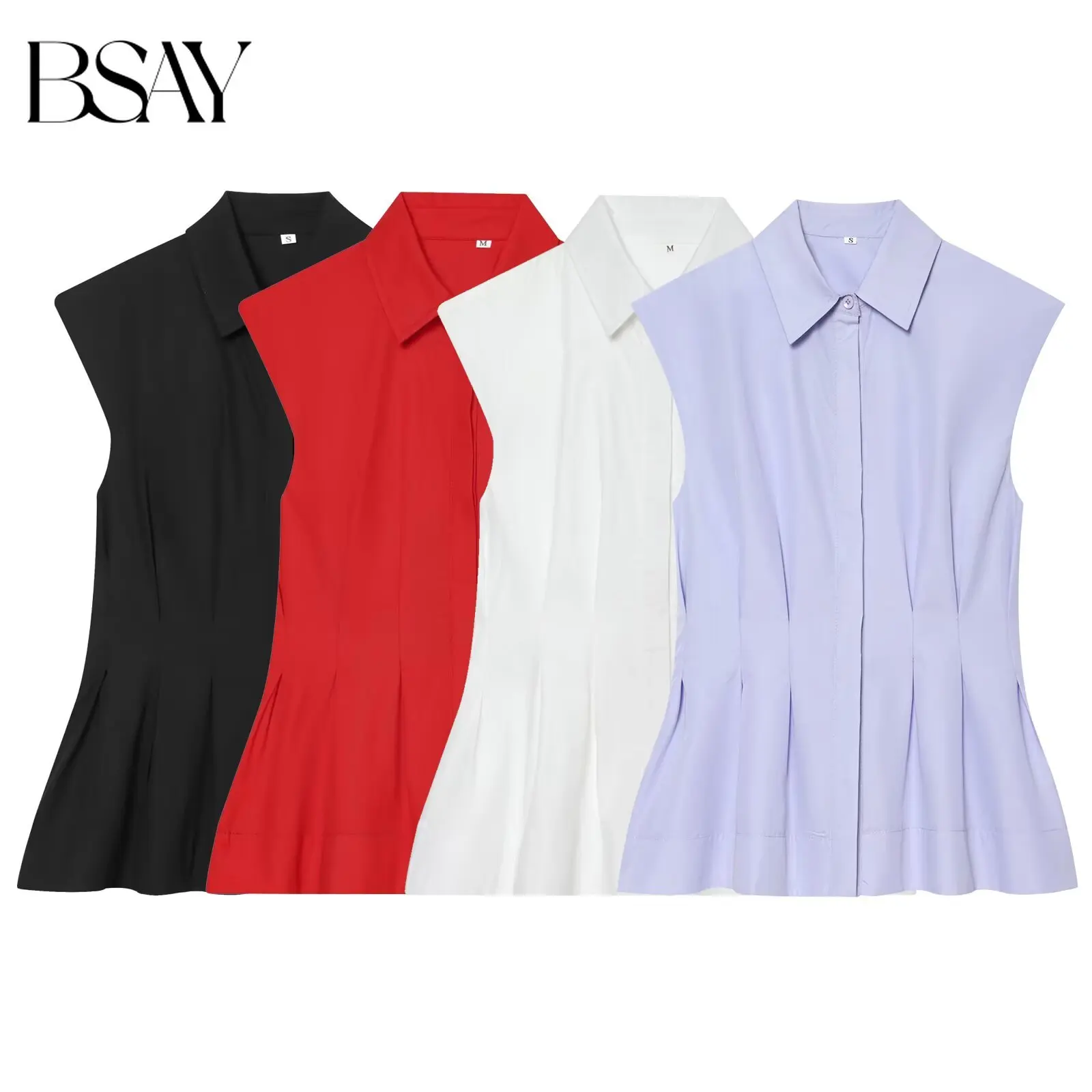 BSAY Sommer-Damenbluse mit plissiertem Saum, ärmellos, Revers, Knopfleiste, Hemd, elegante Büro-Arbeitskleidung, schicke Damenoberteile, Mujer