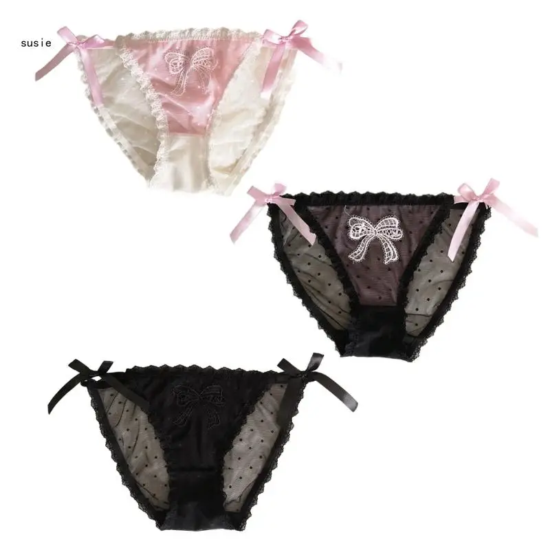 

Women Low Rise Lace Panties Elegant Embroidery Bows Briefs Hipsters See Through Mesh Knicker Midnight Lingerie Underwear