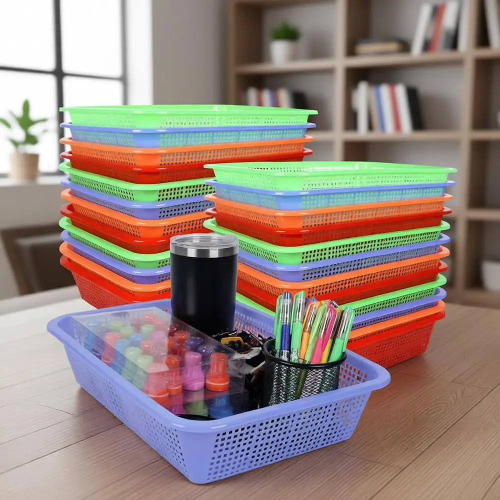 

Корзины для хранения в классе, 24 шт., 13,5 x 10 x 3 дюйма, органайзеры для карандашей, пластиковые корзины для книг, бумаги и принадлежностей
