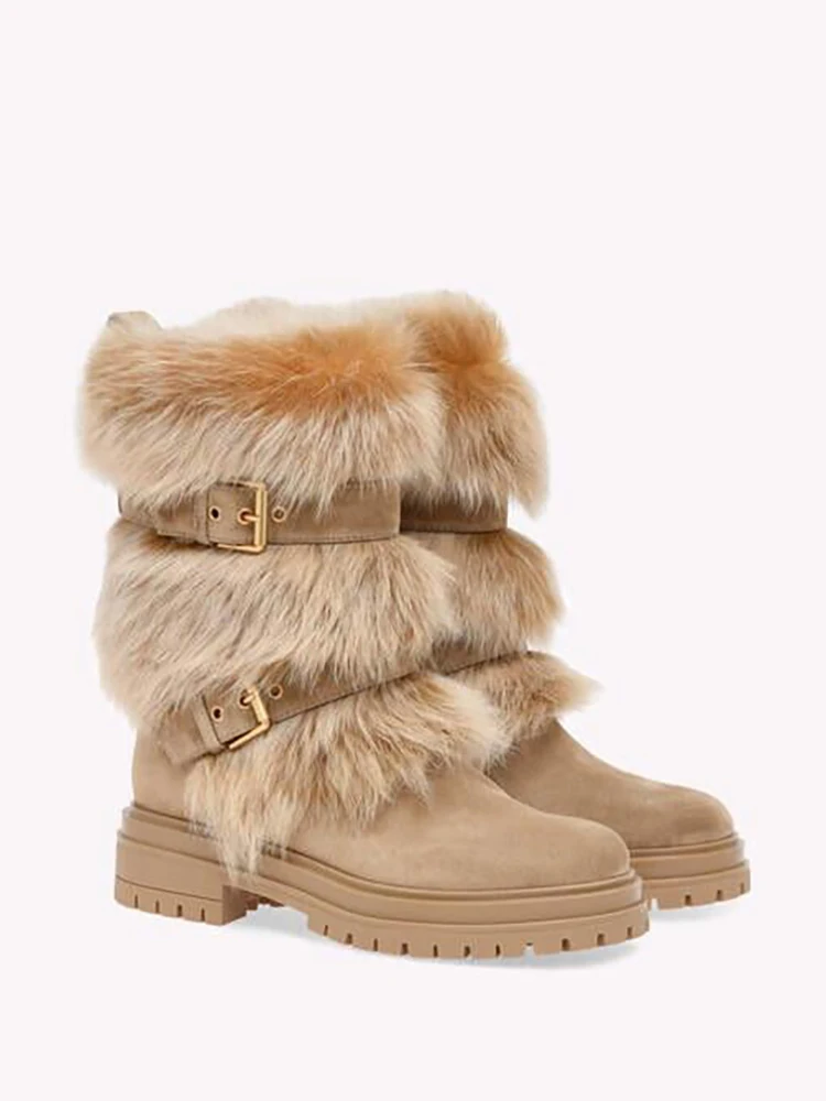 Round Toe Furry Snow Boots Platform Low Block Heels Belt Buckle Decor Mid Calf Boots Winter Sexy Ladies Daily Casual Shoes