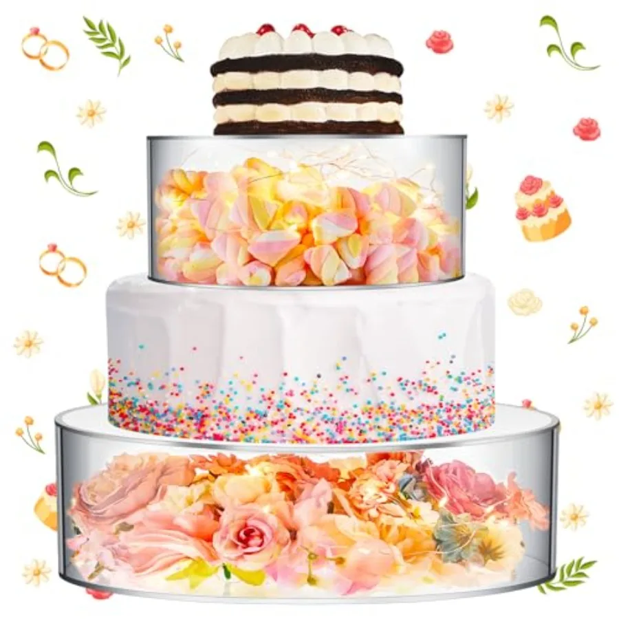 

2 Pcs Acrylic Cake Stands for Dessert Table Clear Fillable Cake Riser Cupcake Tier with LED Strings for Party Display(10", 14")