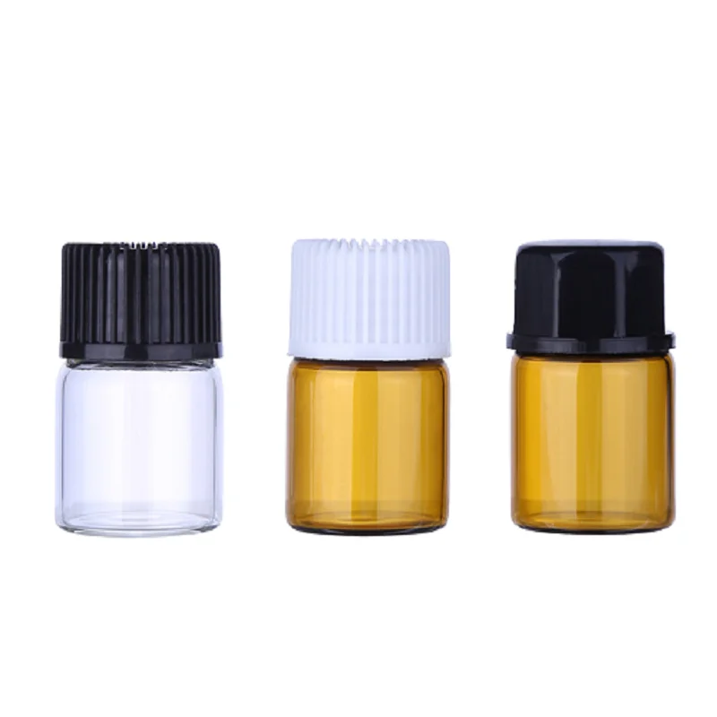 100pcs Brown Amber Essential Oil Bottle Liquid Perfume Sample 2ML Glass Essential Oil Bottle with Screw Cap Orifice Reducer 2g