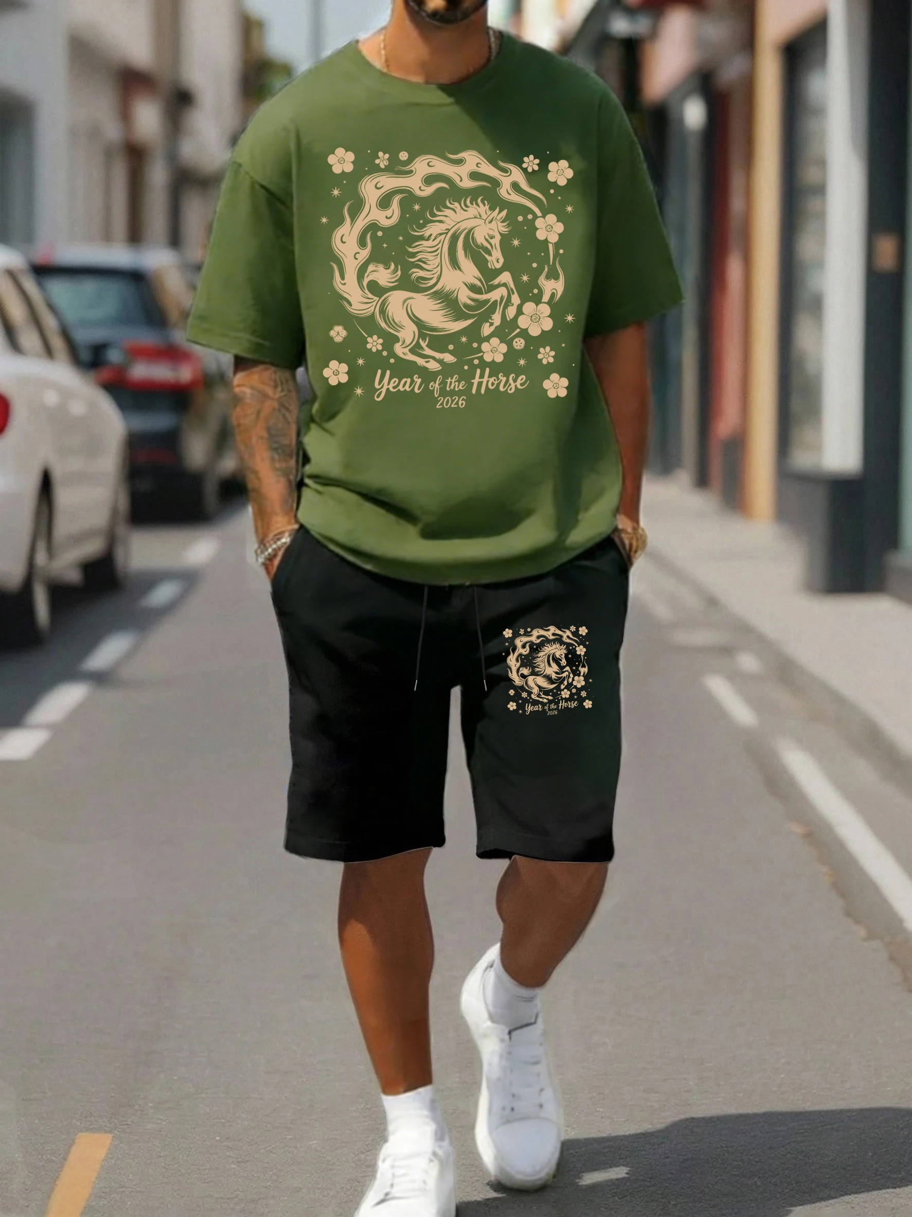 

2026 Year Of The Horses Print Man T-Shirt Suit Summer Loose O-Neck Cotton Tee Trendy Drawstring Shorts Unisex All-Match Clothes
