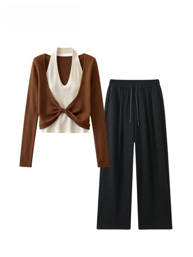 

Faionable plus Size Women's Outfit Long Sve Straight Leg Pants Autumn Winter New Sle Sli Slimming T-irt Set