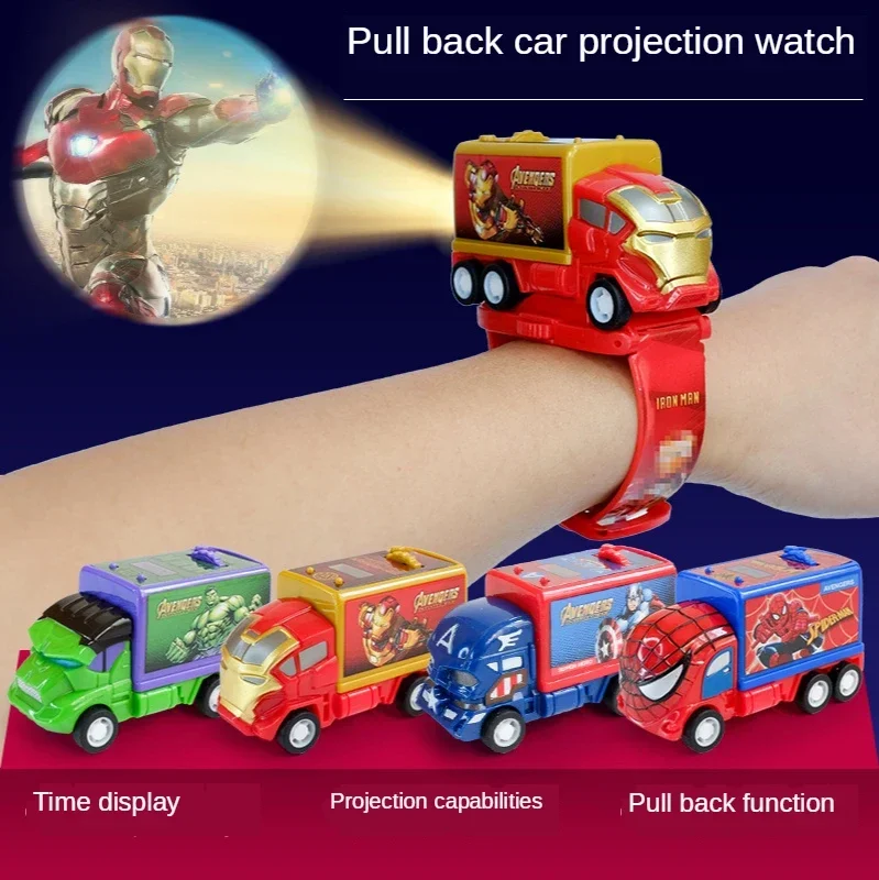 Cartoon Car Spiderman Children Watch Toy Pull Back Car Projection Watch Men Luxurious Electronic Watches Kids Christmas Gift Boy