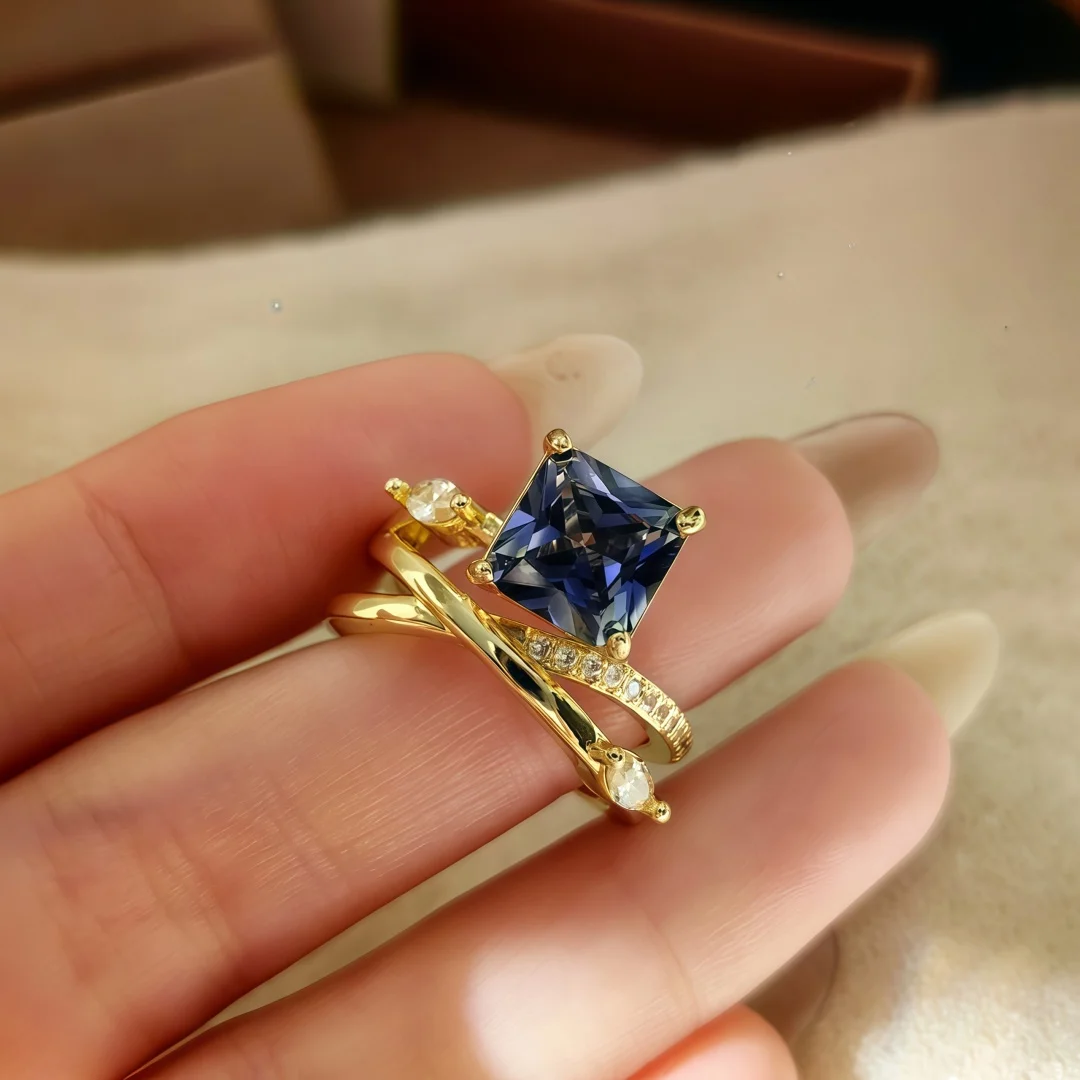 925 Sterling Silver Light Luxury Fashion Star Track Interweaving High-end Princess Square Tanzanite Blue Open Ring for Women