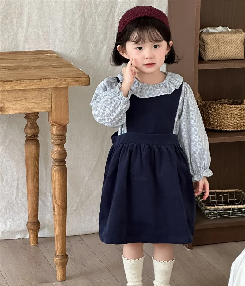 

autumn baby girl clothes kids tops Long sleeved checkered pattern top girl blouse Sweet lotus leaf collar T-shirt