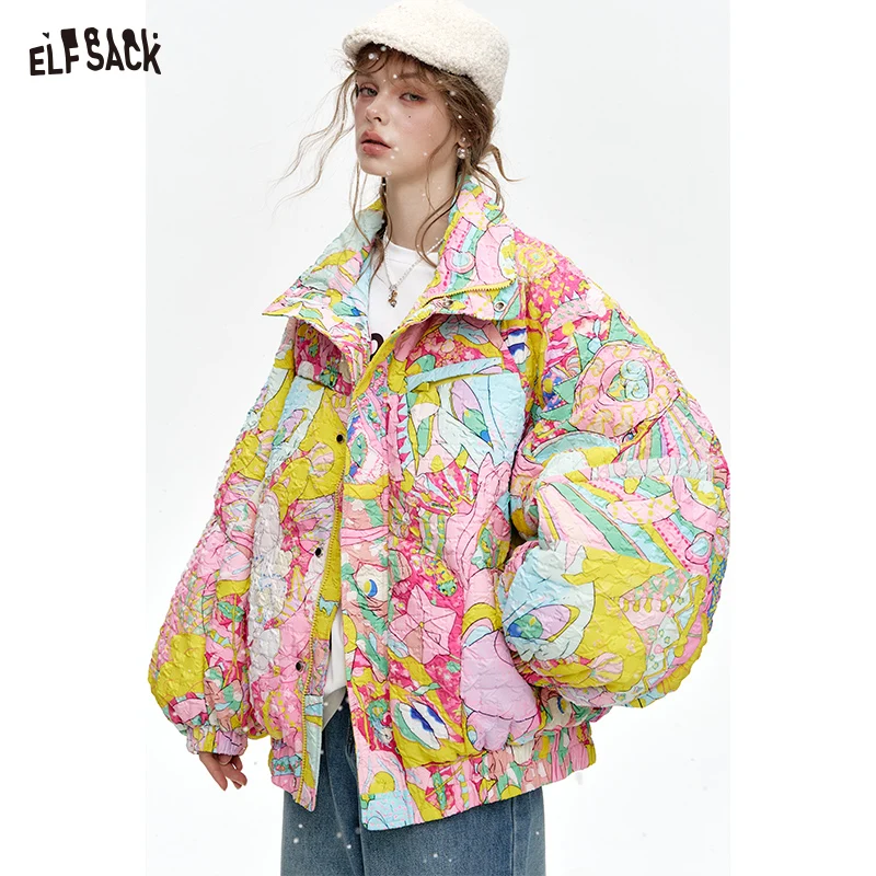 ELFSACK 2024 Winter New Arrivals Stand collar loose full printed short down jacket for women