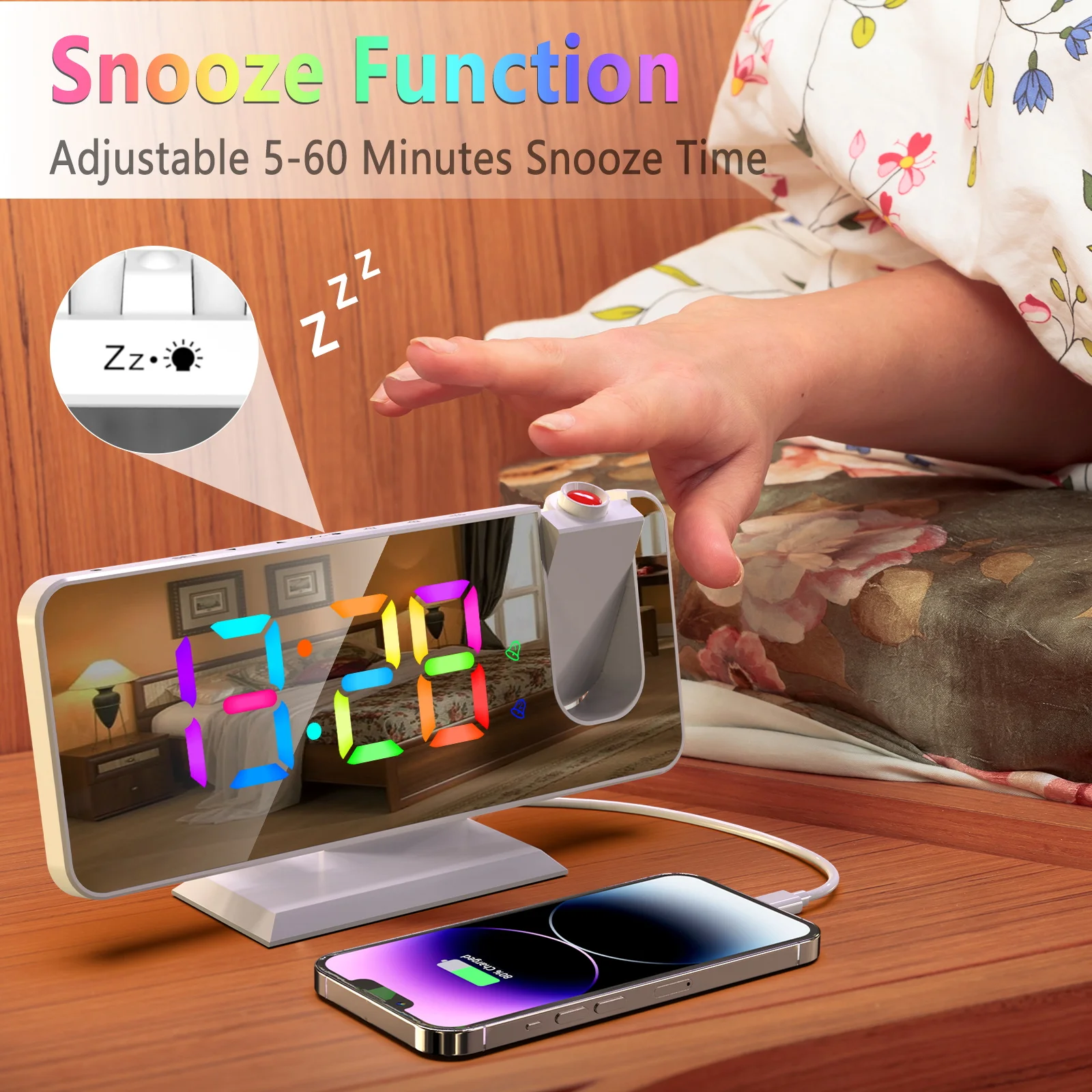 LED Digital Smart Alarm Clock Watch Table Electronic Desktop Clocks USB Wake Up Clock with 180° Time Projection Snooze