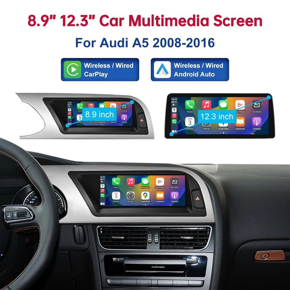Écran tactile Road Top 8,9 pouces 12,3'' pour Audi A5 S5 2008-2016, GPS, Carplay, lecteur multimédia, Android Auto Link