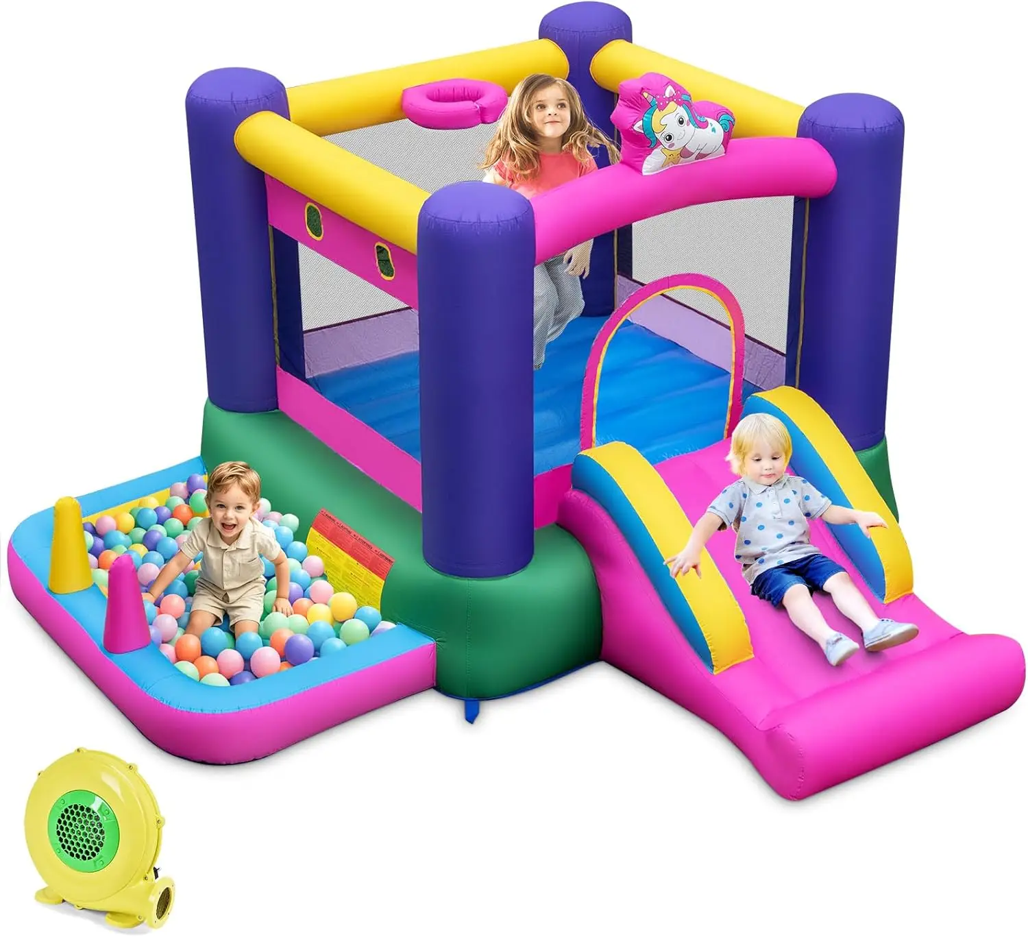 บ้านตีกลับทําให้พอง, ปราสาทกระโดดสําหรับเด็ก 6 ใน 1 พร้อมสไลเดอร์, ห่วงบาสเก็ตบอลและหลุมบอล, เกมโยนแหวนและขว้าง, ในร่ม/กลางแจ้ง