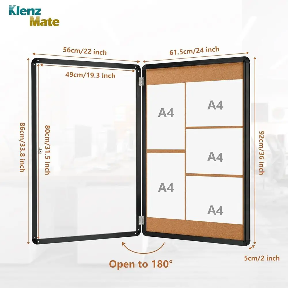 لوح فلين مغلق بإطار من القماش البني والألومنيوم الأسود ومقاوم للكسر مع باب أكريليك قابل للقفل للتعليم والمكتب،