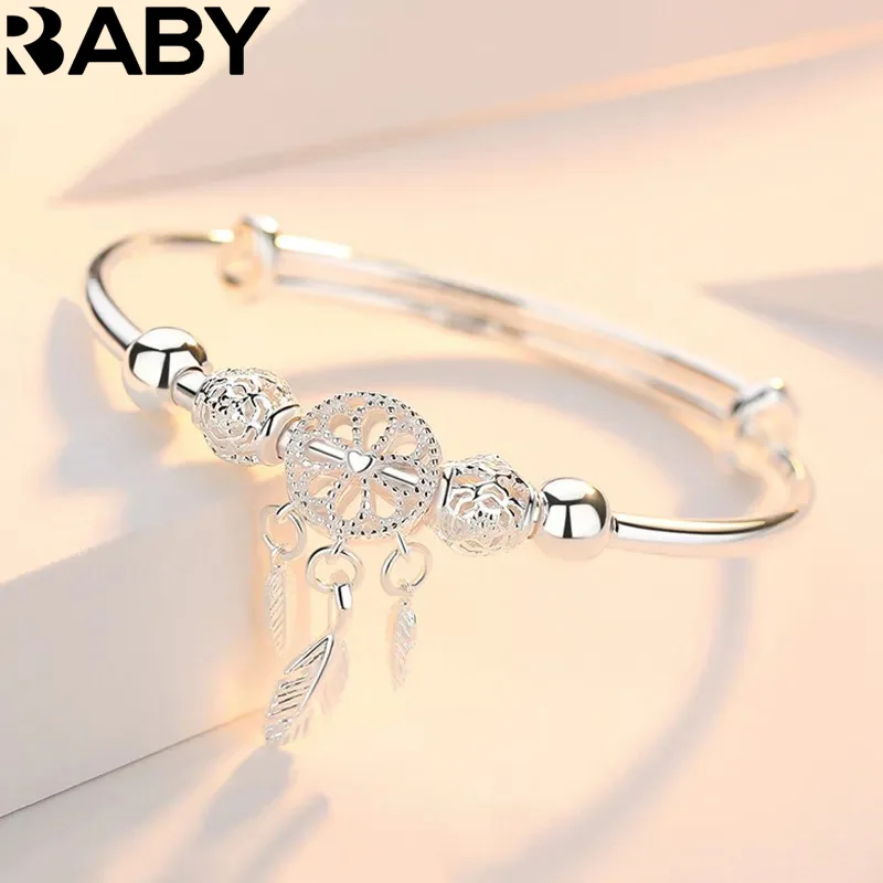 

Adjustable 925 Sterling Silver Bangle Dreamcatcher Tassel Feather Round Bead Charm Bracelet Cuff For Women Elegant wedding