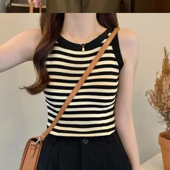 스트라이프 오프숄더 슬림 탱크, O넥 민소매, 올매치 템퍼러먼트 티셔츠, 한국 패션, 여성 의류, 여름 신상