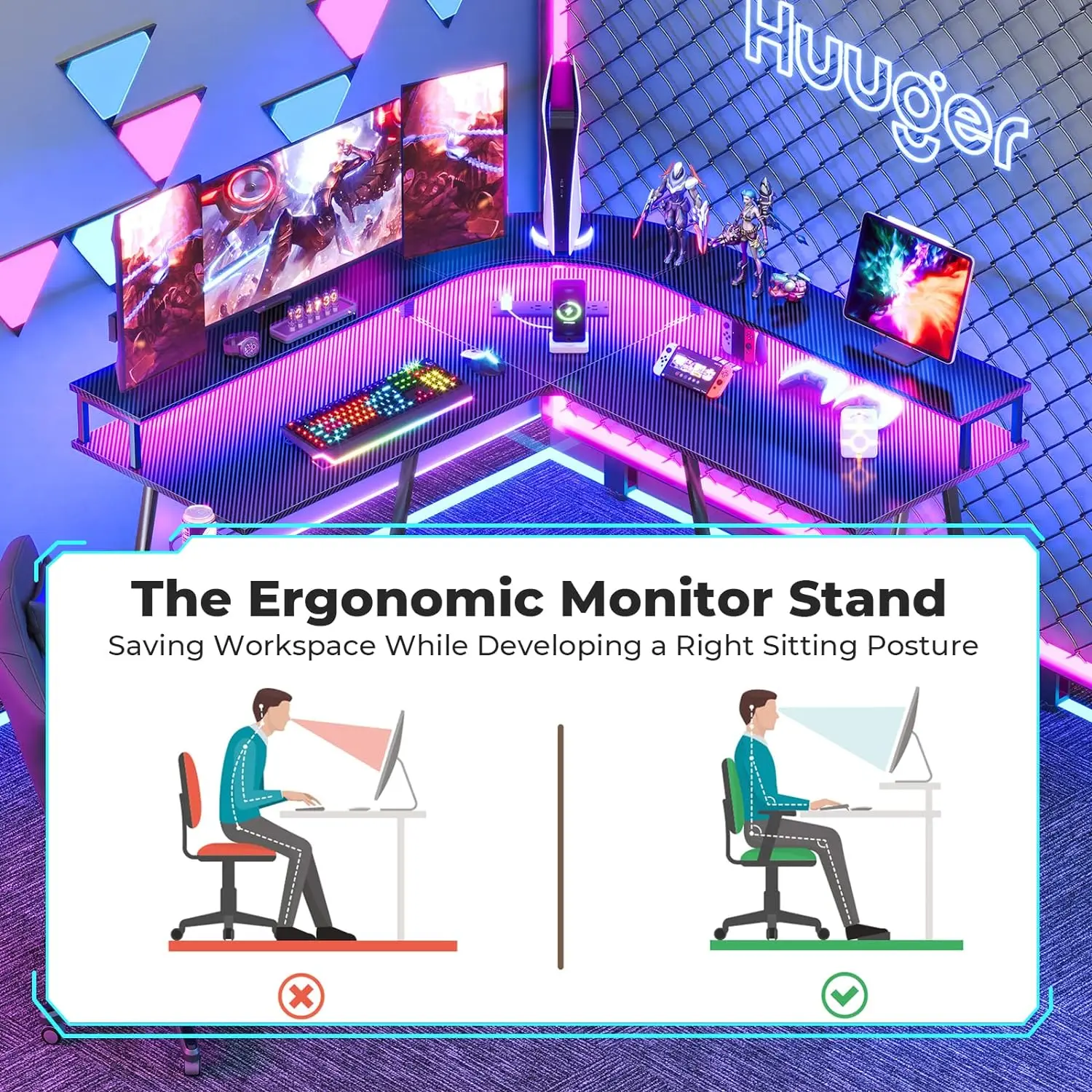 L geformter Spieltisch mit LED-Lichtern und Steckdosen, Computer tisch, Home-Office-Schreibtisch Eck schreibtisch mit Getränke halter und Haken