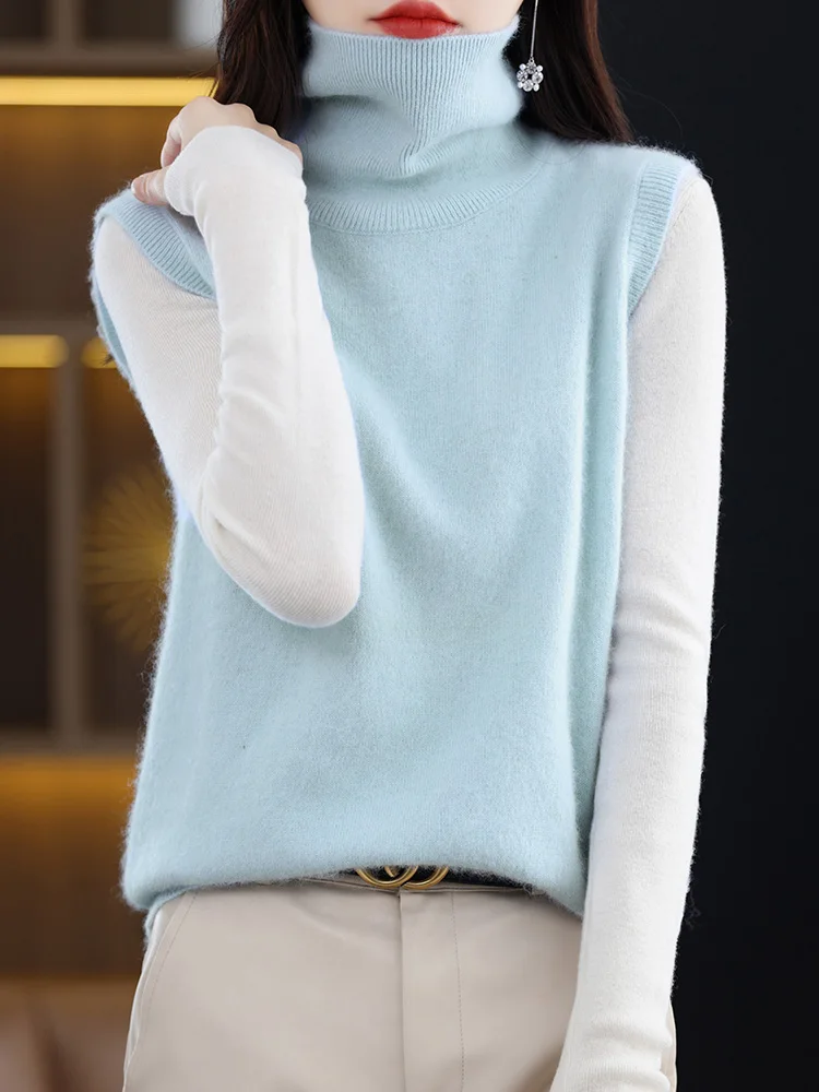 

Women Cashmere Sweater Vest Pullovers 100% Mink Cashmere Knitwear Sleeveless Waistcoat Autumn Winter Turtleneck Solid Basic Tops