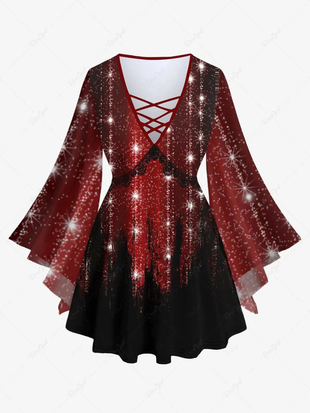 2023 New Christmas Tree Sparkling Sequin Glitter Colorblock Lace 3D Print Flare Sleeves T-shirt Or Leggings Casual Matching Set