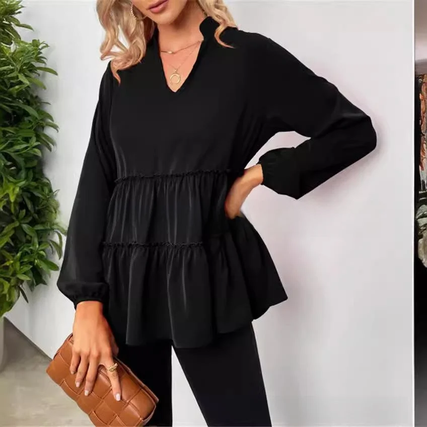 エレ レディース プリーツ フリル裾 イルト ルーズフィット ロングスリーブ ポリエステル繊維 変形しない レギュラー 薄手 秋シーズン