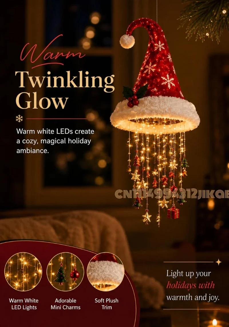 Lighted Santa Hat Hanging Chandelier, Indoor Outdoor Christmas Decor,Warm LED Christmas String Light with Festive Tassels - view 2
