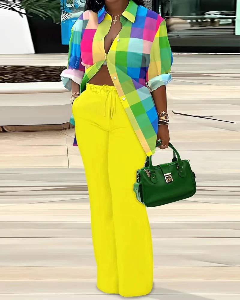 

Женский летний костюм-рубашка с длинным рукавом и брюки