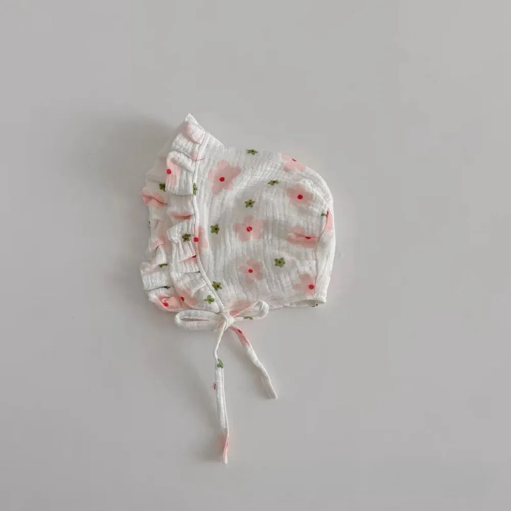 

Ruffles Korean Baby Fetal Cap Soft Cotton Flower Cherry Print Newborn Sun Hat New Princess Infant Beanie Cap For Kids