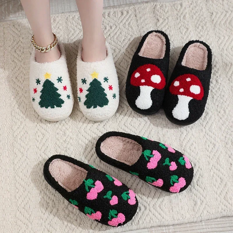 Christmas Slippers Fluffy Home Cute Strawberry Cherry Cozy Plush Slippers Winter Warm Mushroom Thickened Anti-slip for Women Men