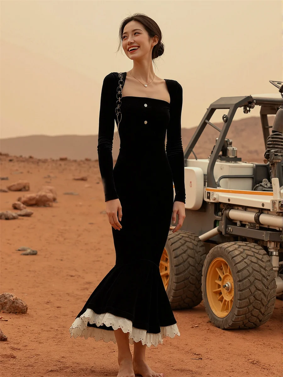 فستان نسائي Y2K طويل أسود ثنيات طبقات مكشكشة كشكشة طول الكاحل قابل للتحويل سروال قصير رائع مشد أزياء Cottagecore