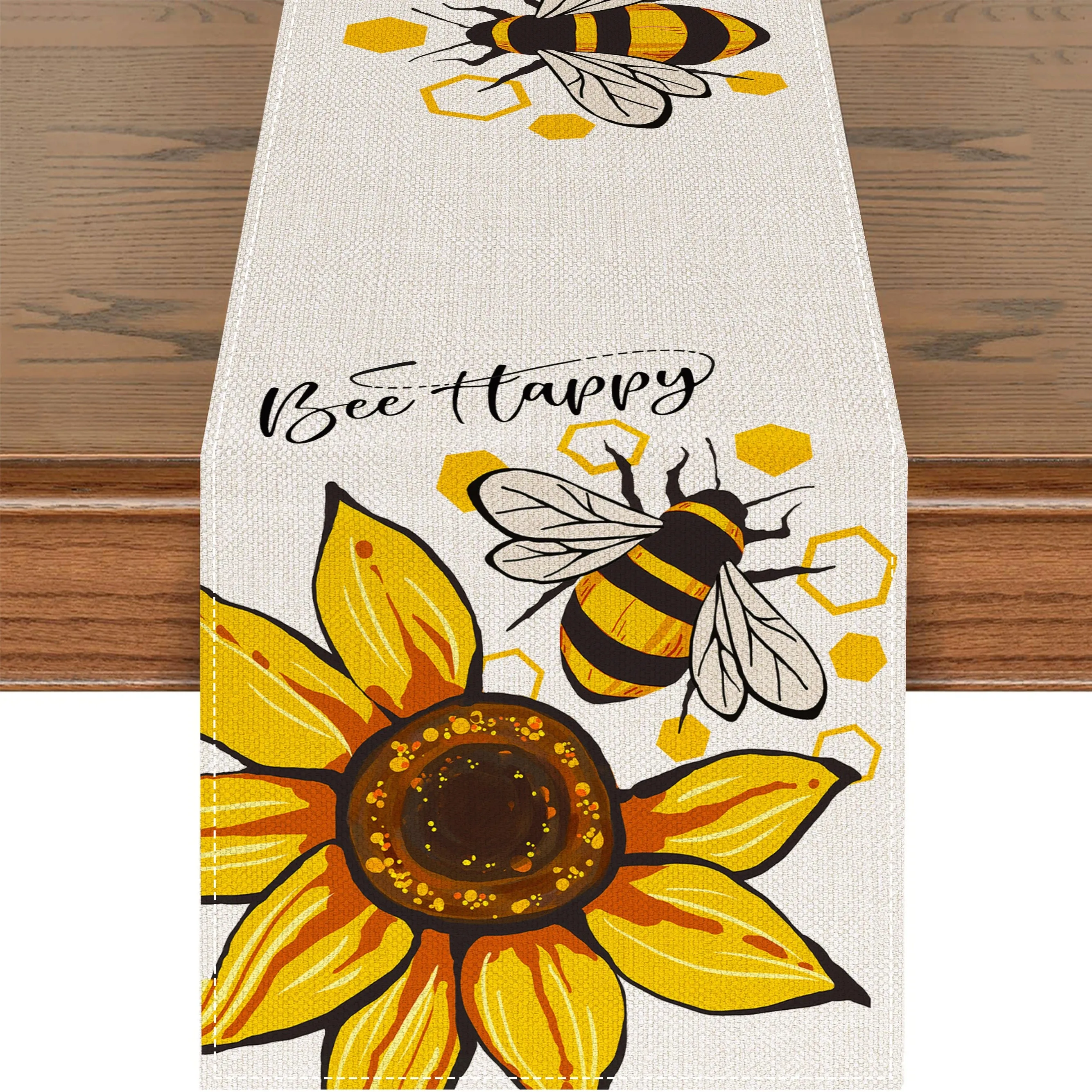 Sunflower Bee Printed Spring Summer Theme Linen Table Runners Seasonal Dresser Scarf Table Decor Holiday Wedding Dinner Decor