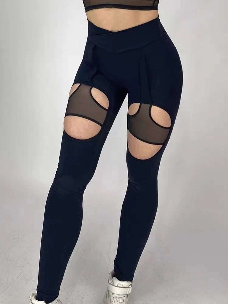 Women Sexy Mesh Splicing Two Pieces Yoga Set Unique Asymmetric Yoga Top Nuding Feeling Hollow Out Tight Slim Yoga Full Pants