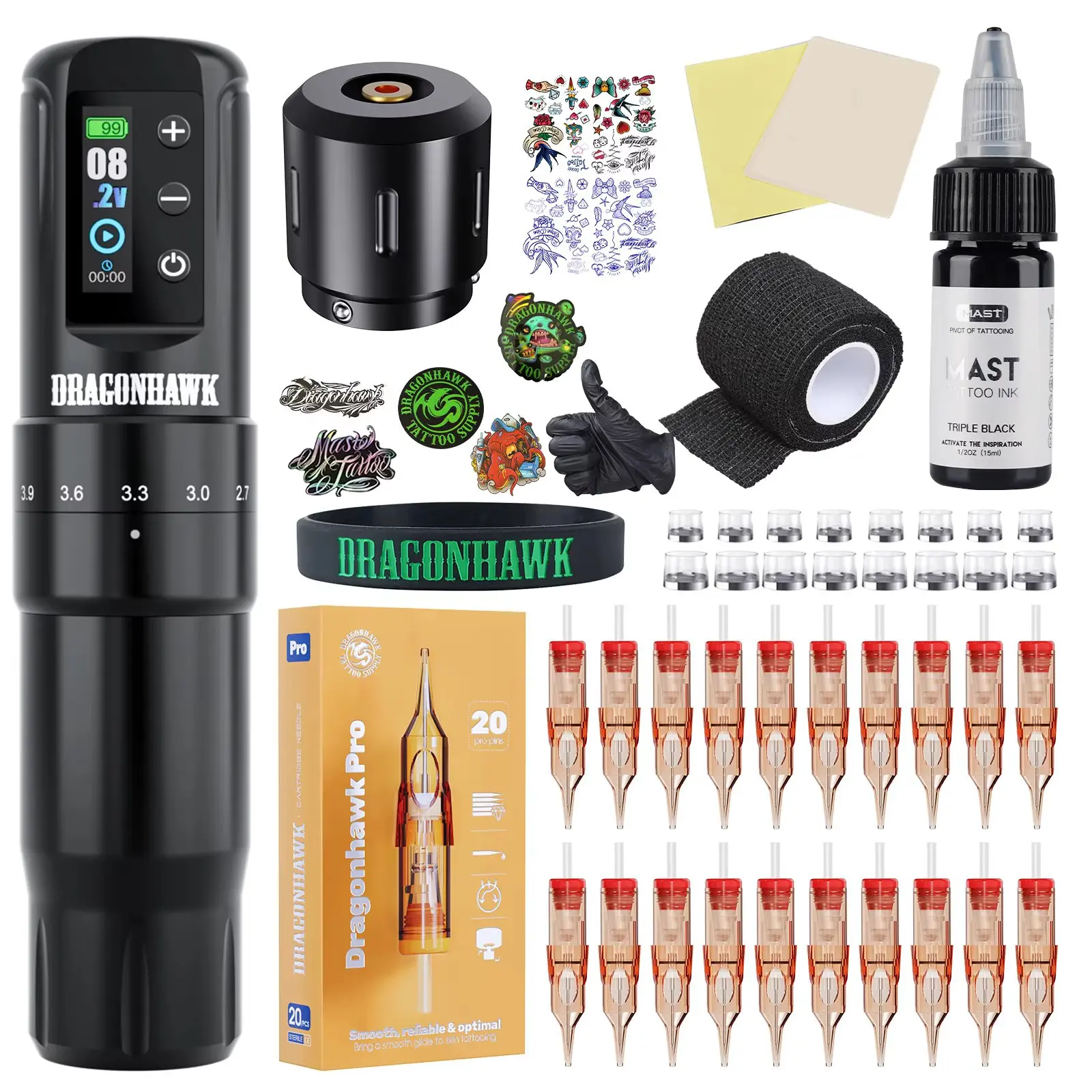 

Dragonhawk Wireless Tattoo Machine 7 Strokes Length Power By Mcore-A3 Wireless Wire Battery RCA Pen Rotary Gun Supplies