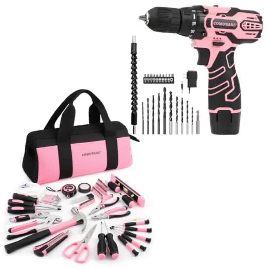 

218Pcs Home Tool Kit and 12V Cordless Drill Pink