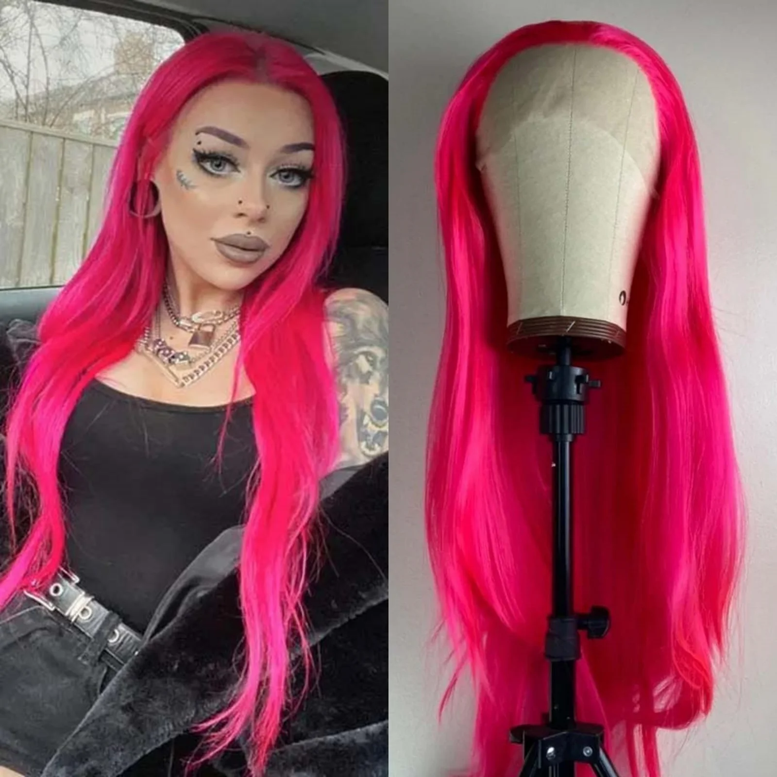 

13X4 Hot Pink Wig Long Straight Synthetic Lace Front Wig Natural Rose Red Colored Hair Lace frontal Wigs for Women Party Cosplay