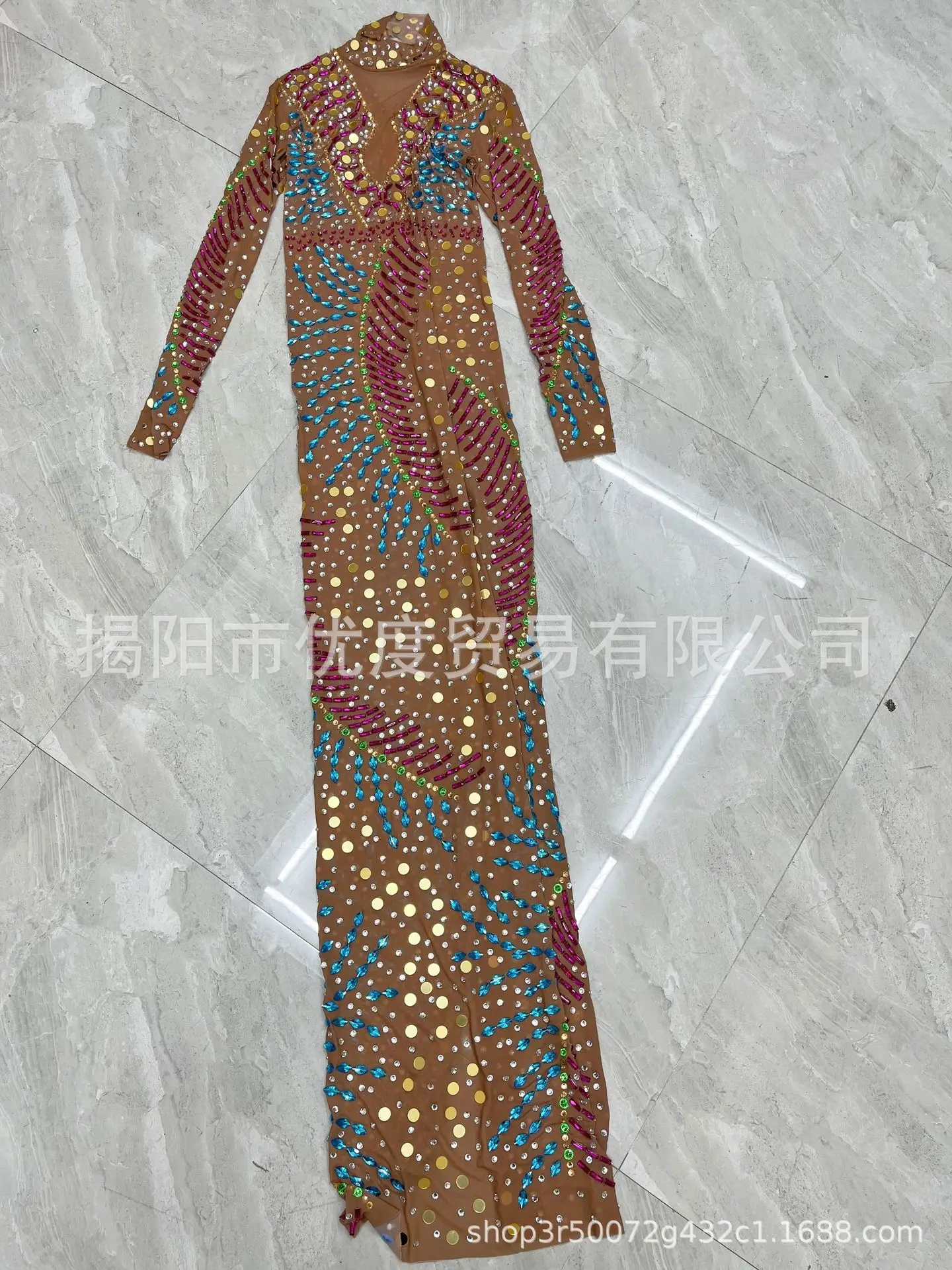 أنيقة ولامعة مثير شبكة حجر الراين غزل حفلة عيد ميلاد الاستقبال السجادة الحمراء مساء فستان أداء فستان طويل خوان الحرير