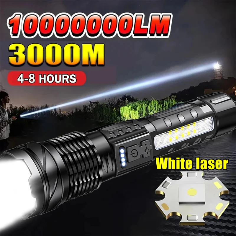 Linterna LED láser blanca de alta potencia con batería integrada, linterna táctica de luz fuerte recargable por USB, lámpara para acampar al aire libre y senderismo