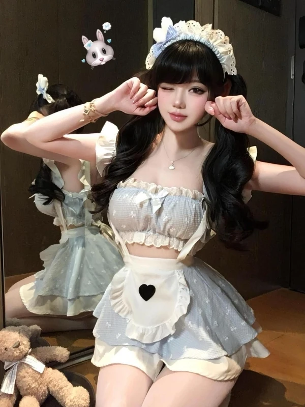 

Cute Sweet-and-Spicy Girl Maid Style Two-Piece Set with Strap Vest Top And Skirt Short Sleeve One-Shoulder High Waist