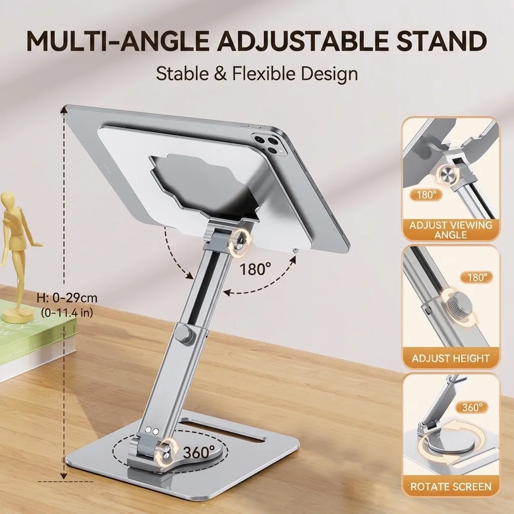 Aluminum Tablet Stand 360 Rotating Base Height Angle Adjustable Foldable Desktop Holder for iPad Pro Air Mini Samsung Drawing