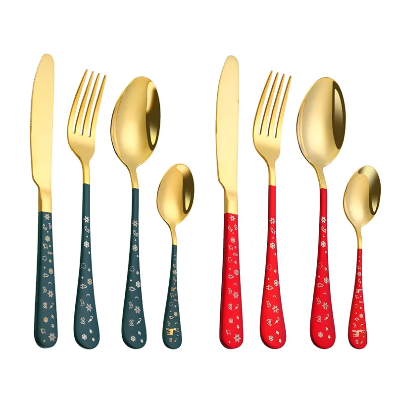 4PCS Stainless Steel Cutlery Set Fork Spoon Knife Classic Christmas Pattern Tableware Mirror Polished Durable Flatware