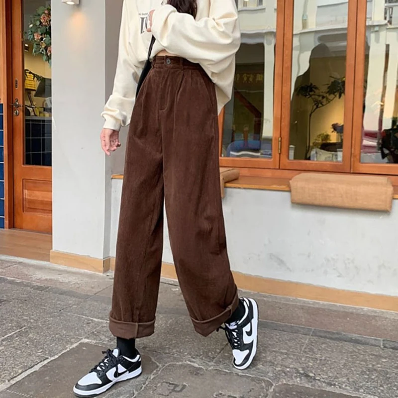 Vintage Corduroy Pants High Waist Spring coffee Straight Trousers Causal Pockets All Match Female Black Korean Pants