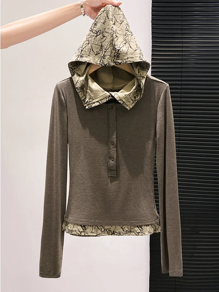   Felpa con cappuccio American Retro Color Blo Long Sve da donna, top in due pezzi finto misto cotone, vestibilità comoda