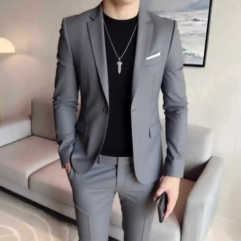 

Мужской деловой повседневный костюм-двойка, приталенный, в корейском стиле, больших размеров, для жениха и свидетеля, свадебный костюм