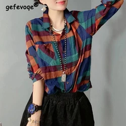 Women Vintage Classic Plaid Cotton Linen Button Up Shirt Spring Autumn Fashion Long Sleeve Loose Blouse Y2K Streetwear Tops Ropa