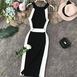2024 Casual Women Dress Knitted O Neck Sleeveless White Stripe Side Elegant Midi Dresses Bodycon Female Vestidos