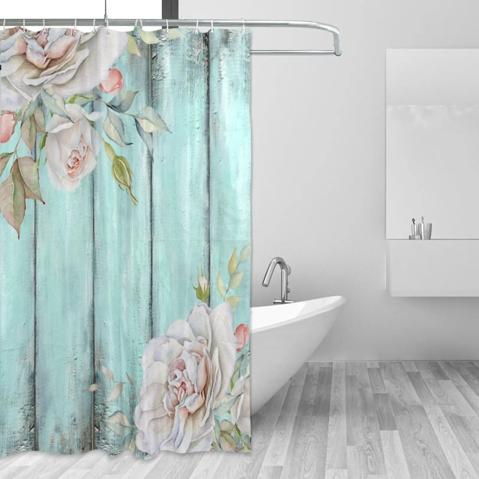 

Vintage Turquoise Pink Rose Waterproof Shower Curtain Polyester Fabric Bath Curtain With 12 Hooks For Home Bathroom Decorative