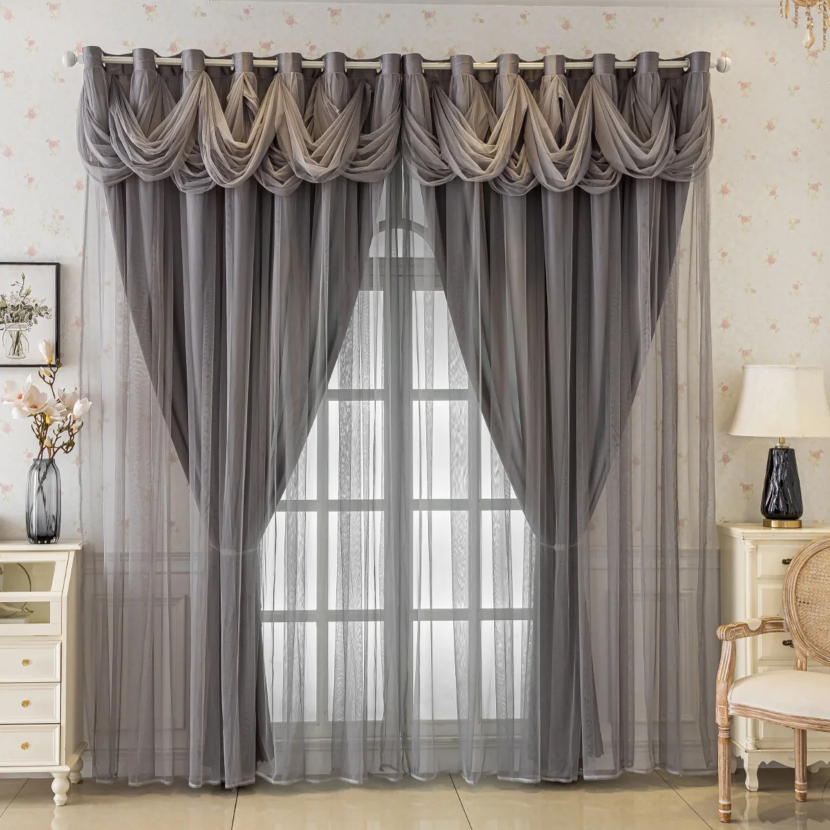 Modernes, minimalistisches Wohnzimmer-Vorhang-Set, reines Farbspitze-Wasserwellen-Design, voll lichtblockierende Vorhänge, elegante Heimdekoration