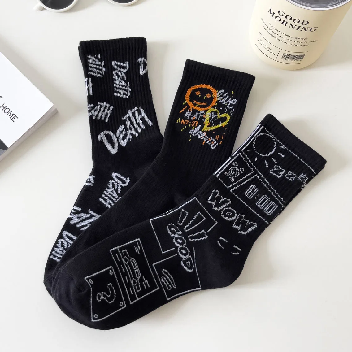 Women Socks Middle Tube Stockings Black Letters Leisure Breathable Cotton Socks Calcetines Skate Hip Hop Soft Ghostface Girls