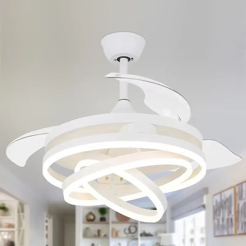 Modern White LED Ceiling Fan Light Creativity Retractable Smart Remote Control AC Motor for Living Room