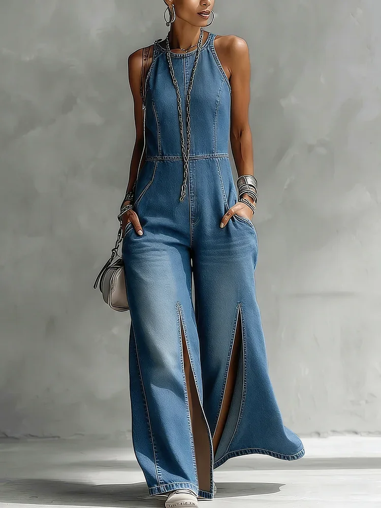 

Women's Sleeveless Halter Denim Jumpsuit High Waist Wide Leg Front Slit Pockets Zipper Vintage Casual Summer Streetwear Outfits