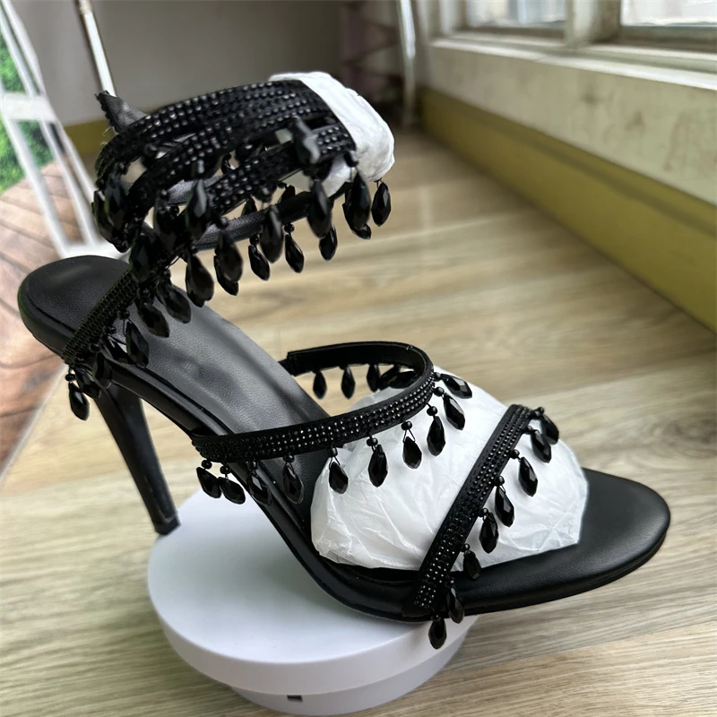 2023 Summer Crystal Pendant Twine Sandals Rhinestone High Heels 10cm Open Toe Women Shoes Party Wedding Bridal Shoes Size 34-43