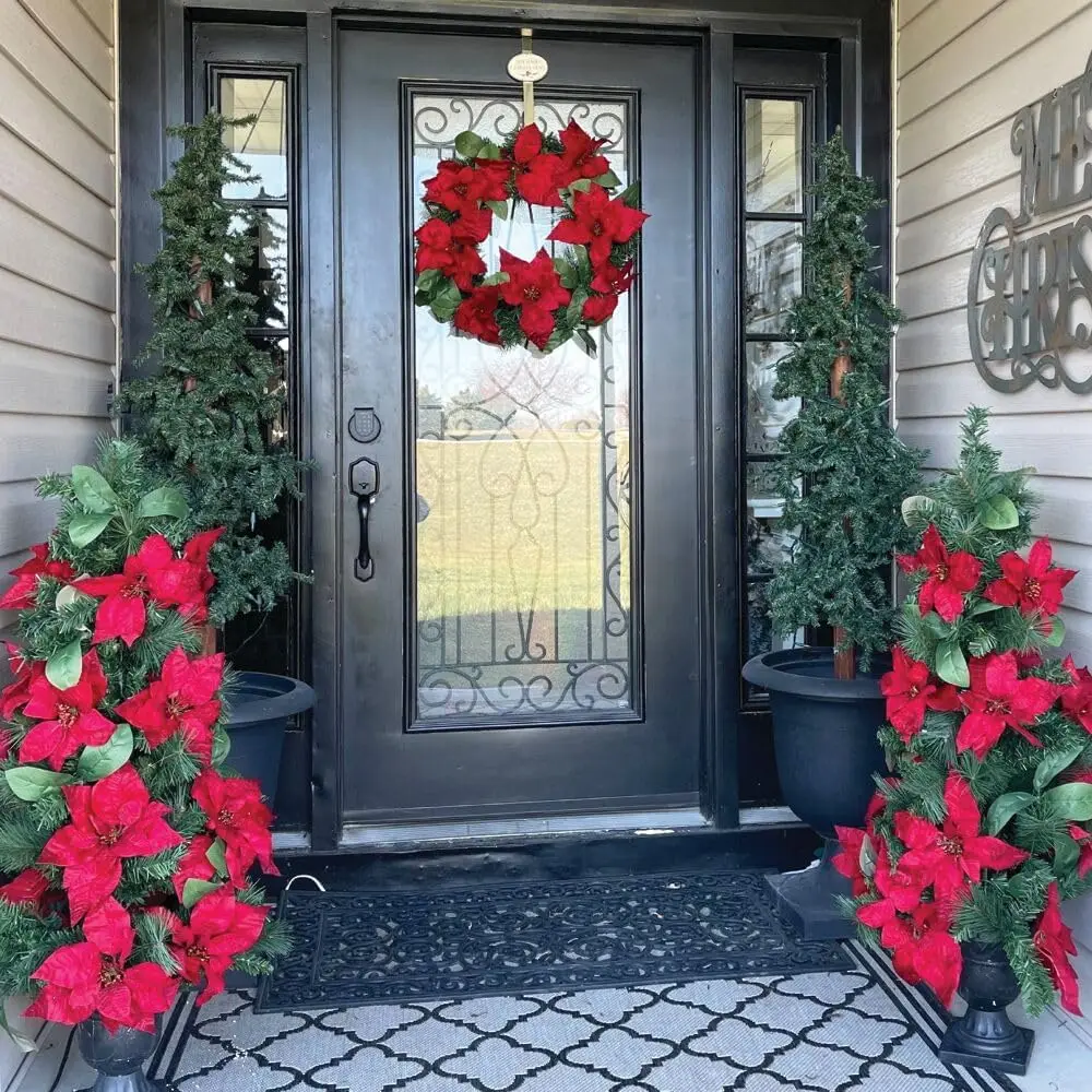 

Christmas Porch Tree with Velvet Poinsettia Blooms and Leaf Accents, Around The Fireplace, and Corners